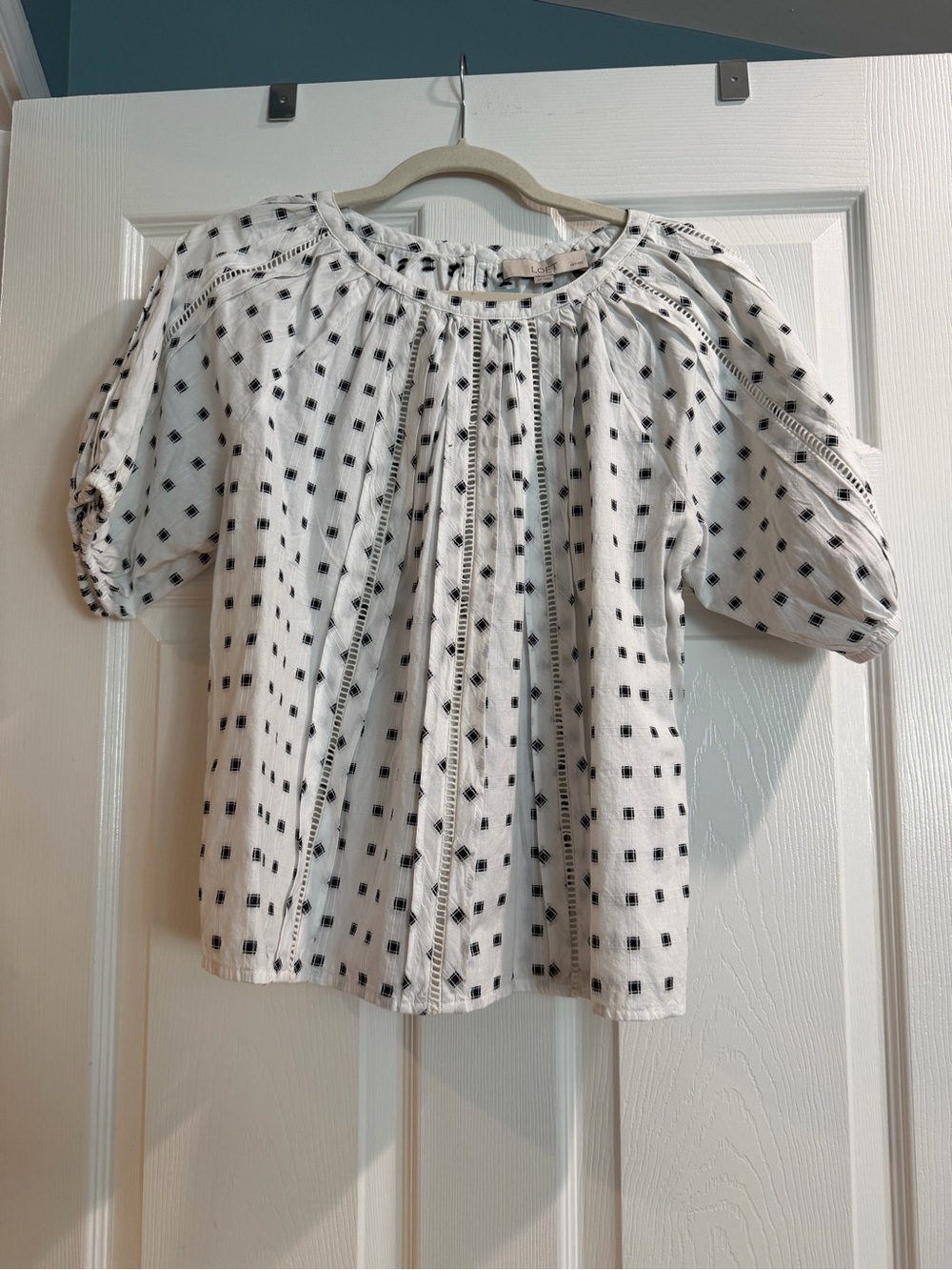 LOFT White Peasant Blouse with Black Square Print